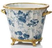 Blue and White Porcelain Cachepot with Gilt Handles and Feet – Decorative Planter