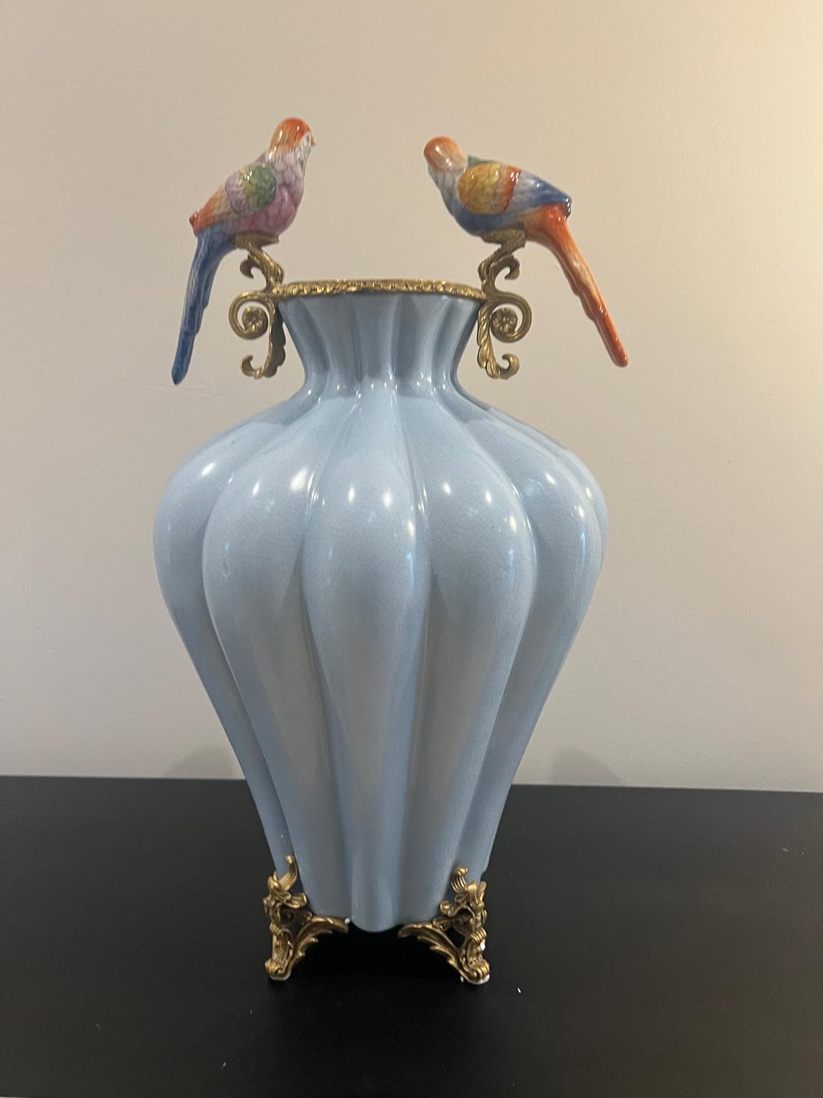 Art Deco Luxury Porcelain Vase with Gold Base and Hand‑Painted Birds