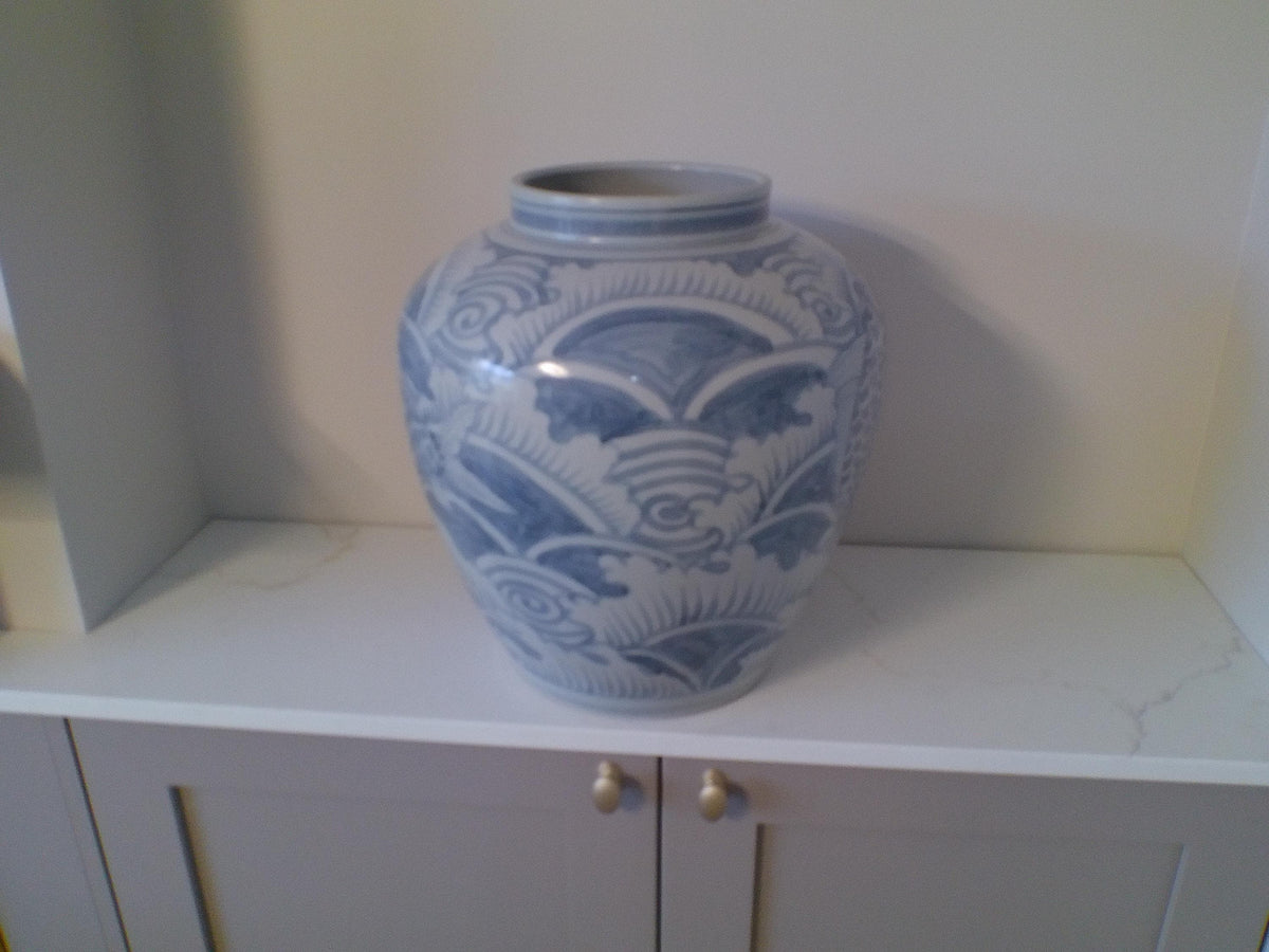 Blue and White Ceramic Ginger Jar – Hand-Painted Koi Fish & Wave Motif