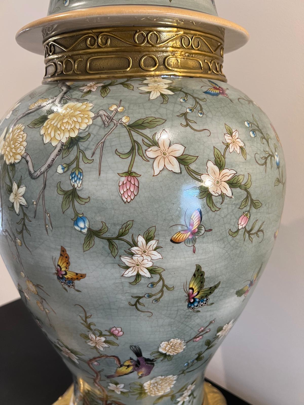 Green Porcelain Ginger Jar with Butterflies & Flowers – Gilded Decorative 67cm H