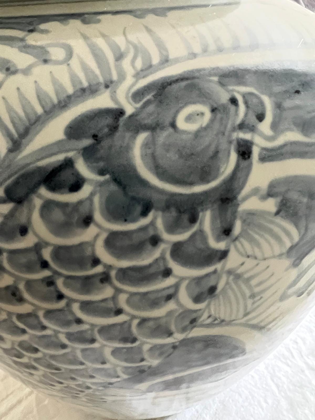 Blue and White Ceramic Ginger Jar – Hand-Painted Koi Fish & Wave Motif