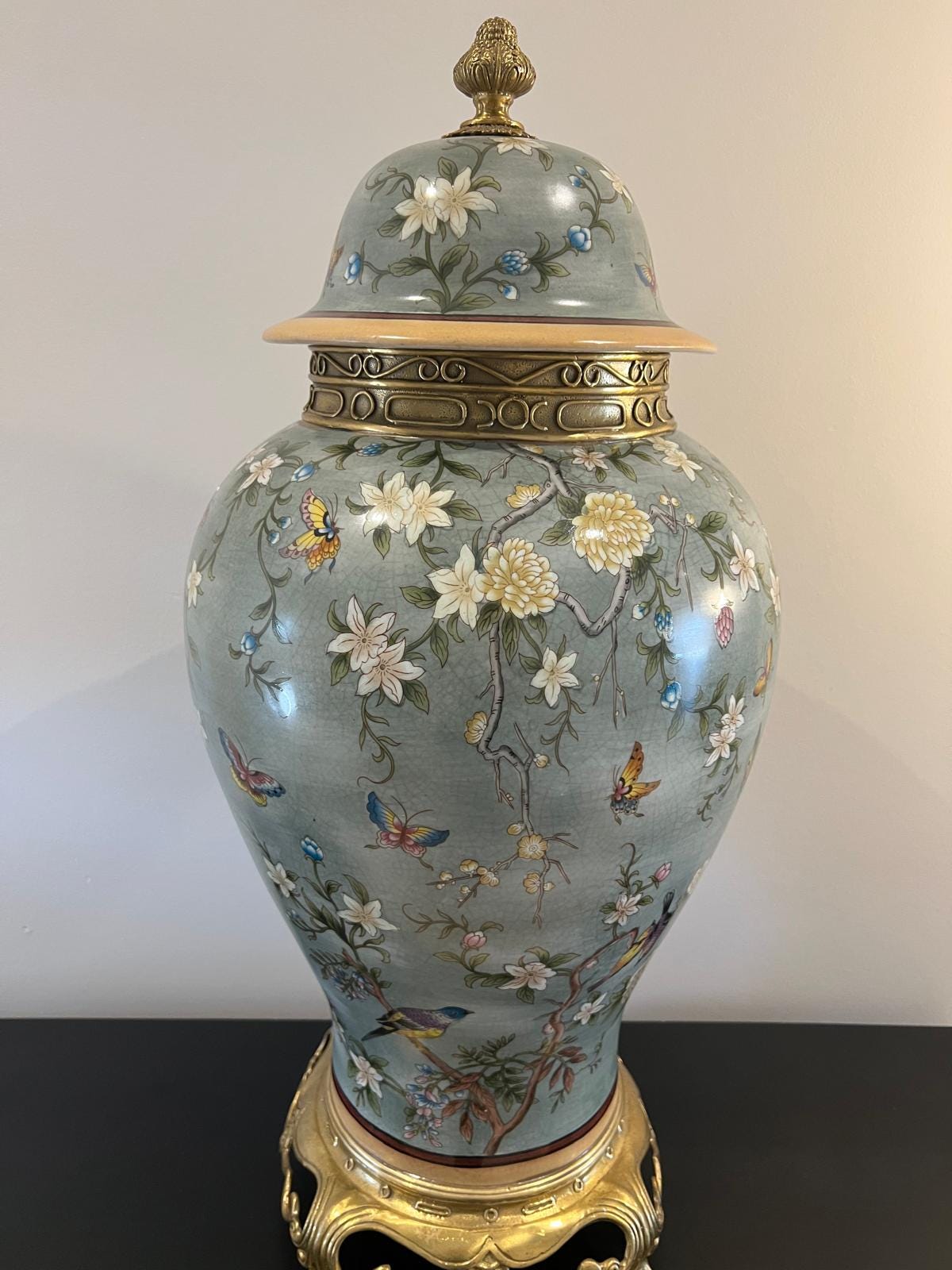 Green Porcelain Ginger Jar with Butterflies & Flowers – Gilded Decorative 67cm H