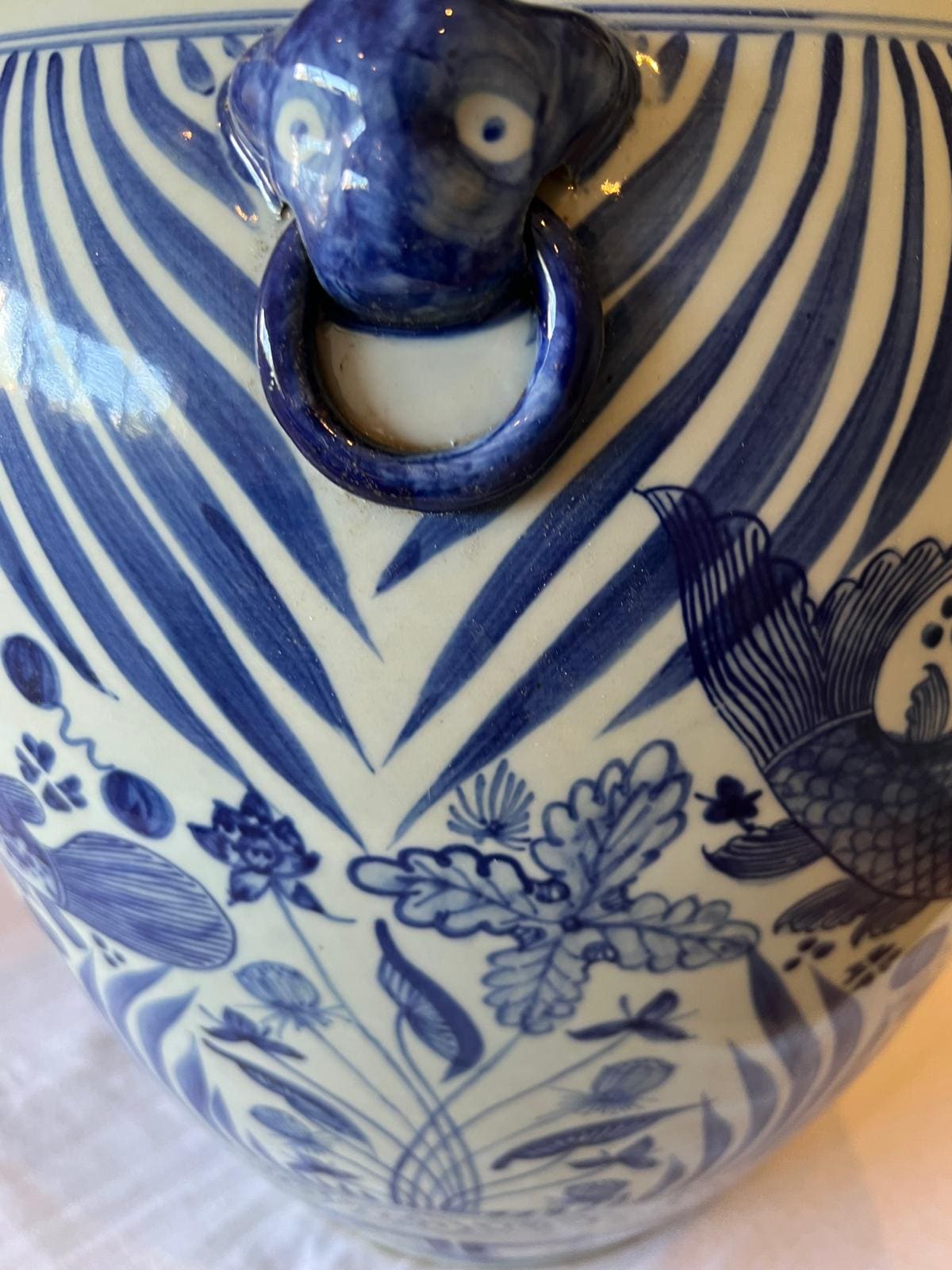 Vintage Chinese Blue and White Porcelain Ginger Jar - Fish Motif