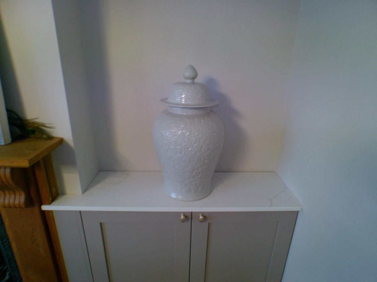 Embossed White Ceramic Ginger Jar – Elegant Floral Motif with Lid