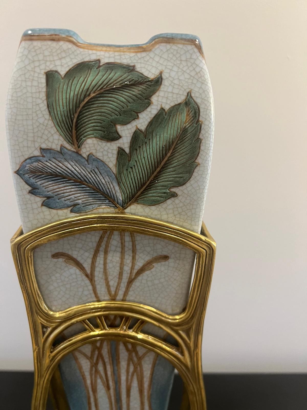 Art Nouveau Porcelain Vase with Gold Frame & Floral Design