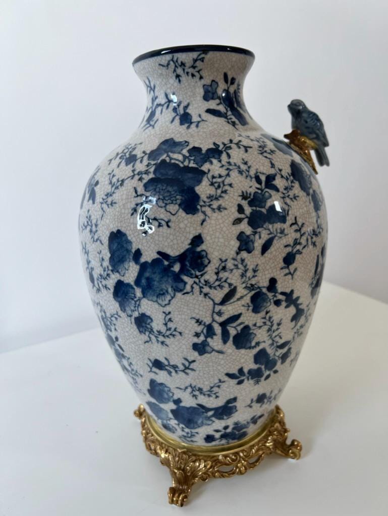 Blue and White Crackle Glaze Porcelain Vase with Bird Detail – Gilt Metal Base