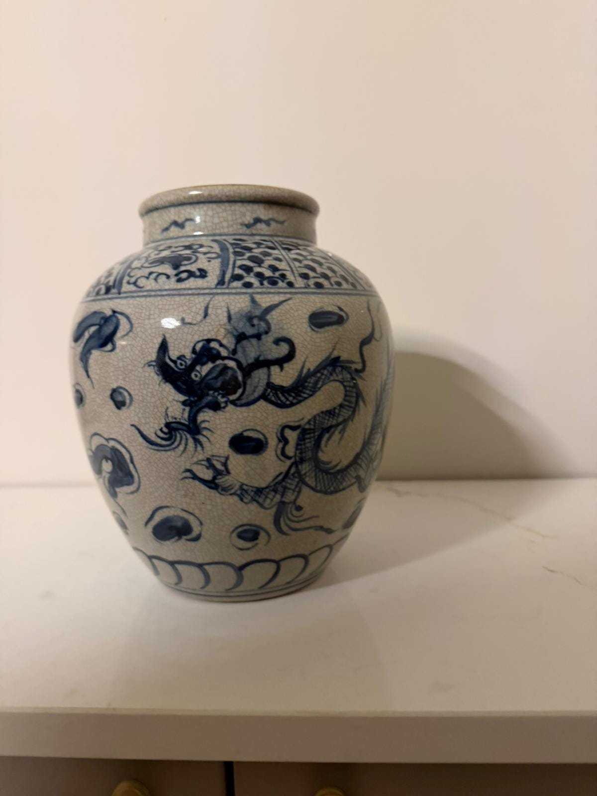 Vintage Style Chinese Porcelain Vase – Blue Dragon Motif, Beige Ceramic