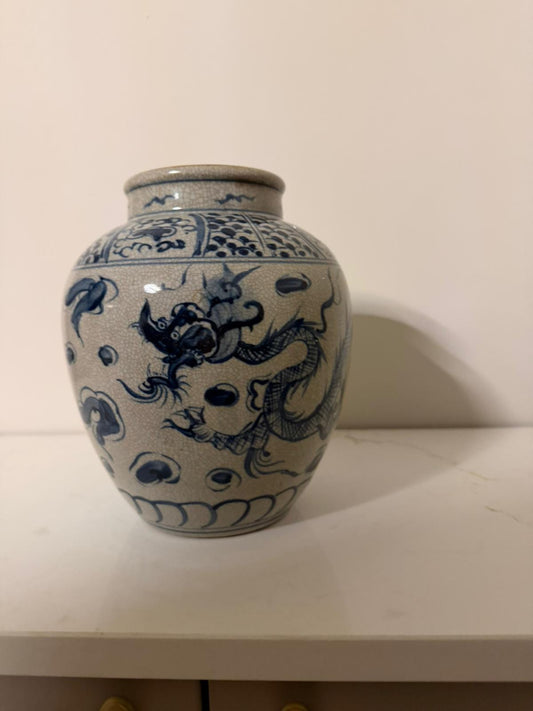 Vintage Style Chinese Porcelain Vase – Blue Dragon Motif, Beige Ceramic