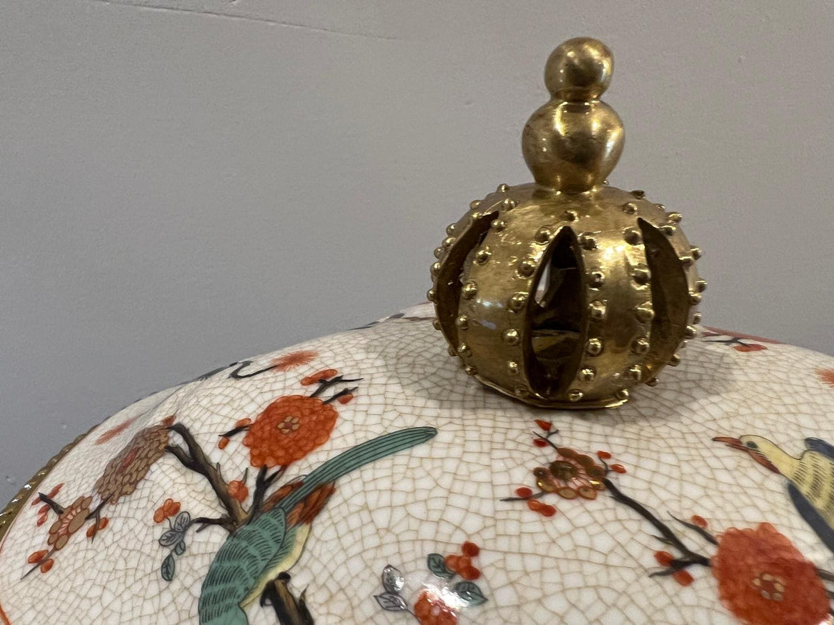 Art Deco Porcelain Jar with Gold Base & Hand‑Painted Birds