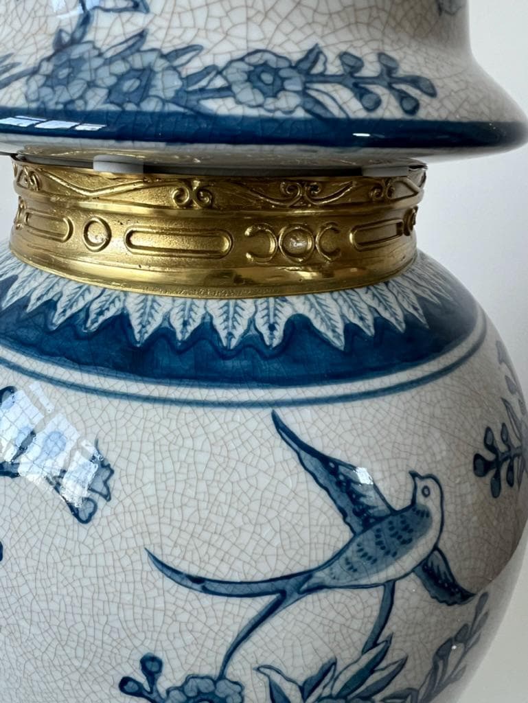 Blue and White Ginger Jar: Floral Bird Motif, Brass Foo Dog Lid