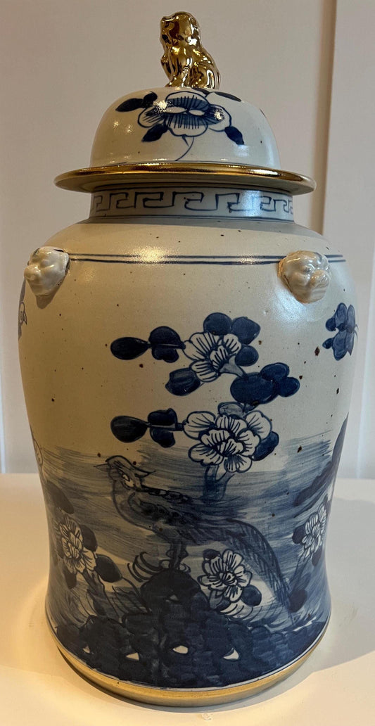Blue and White Porcelain Ginger Jar with Bird & Floral Motif – Gilt Lidded Decor 19"