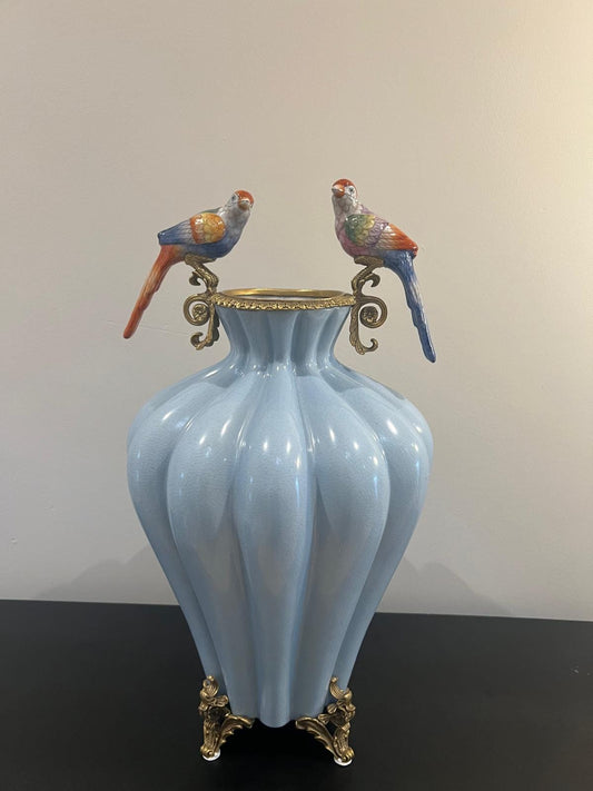 Art Deco Luxury Porcelain Vase with Gold Base and Hand‑Painted Birds
