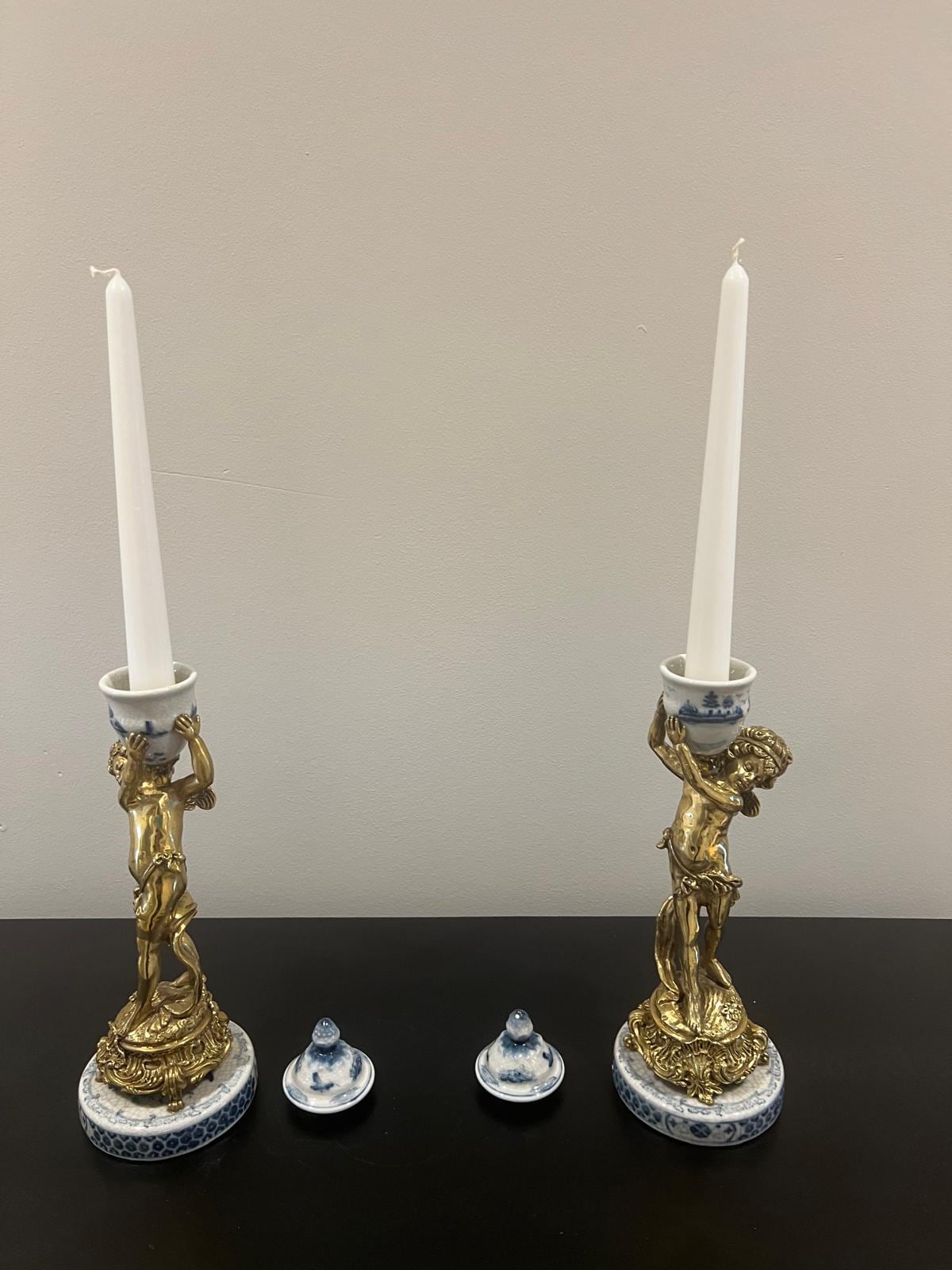 Pair of Cherub Candle Holders with Blue & White Porcelain Urns – Ornate Gilt Candelabras