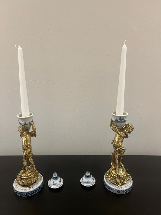 Pair of Cherub Candle Holders with Blue & White Porcelain Urns – Ornate Gilt Candelabras
