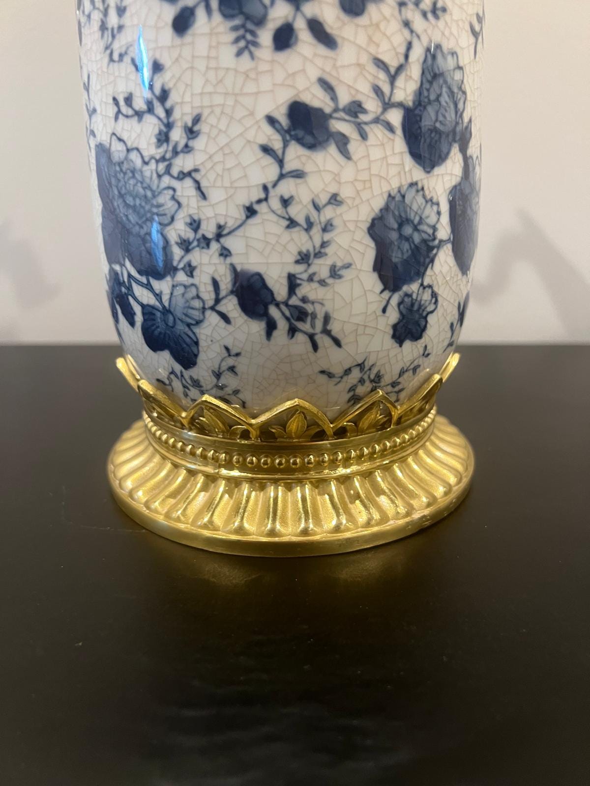 Blue and White Porcelain Vase: Bronze Accents, Spring Flower Motif (35.5 cm)