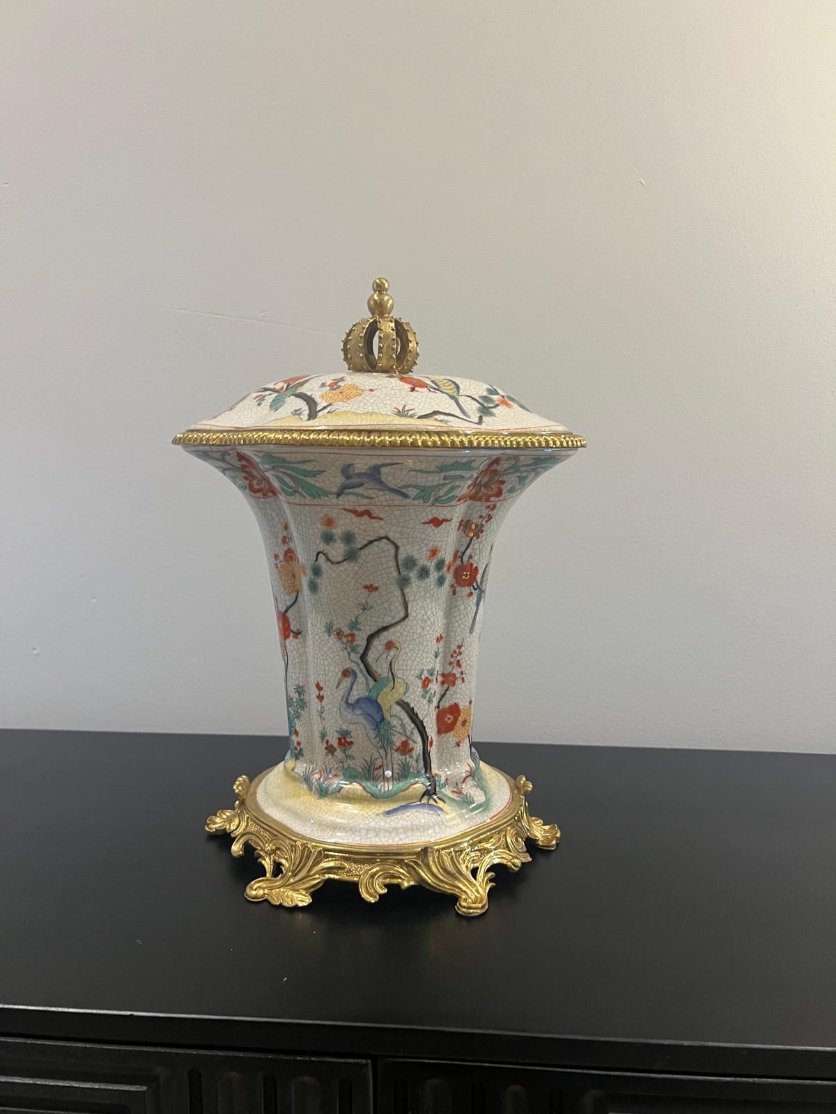Art Deco Porcelain Jar with Gold Base & Hand‑Painted Birds
