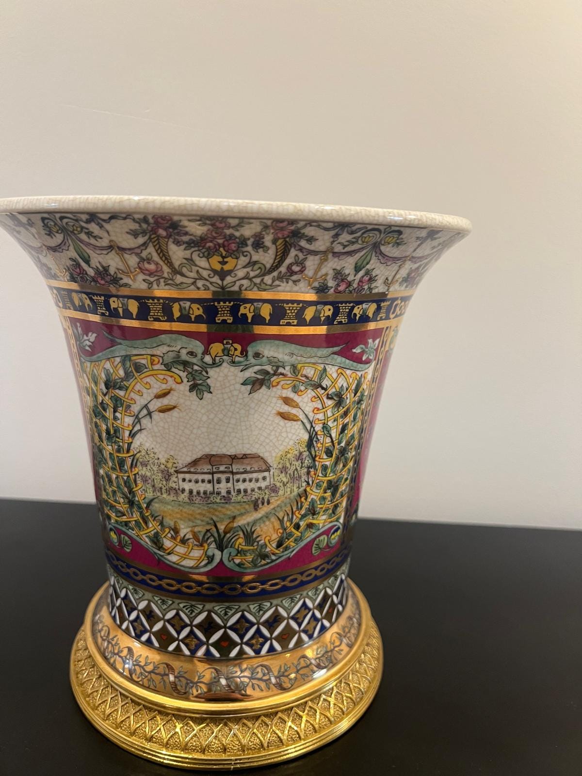 Art Deco Porcelain Vase with Gold Base & Estate Scene