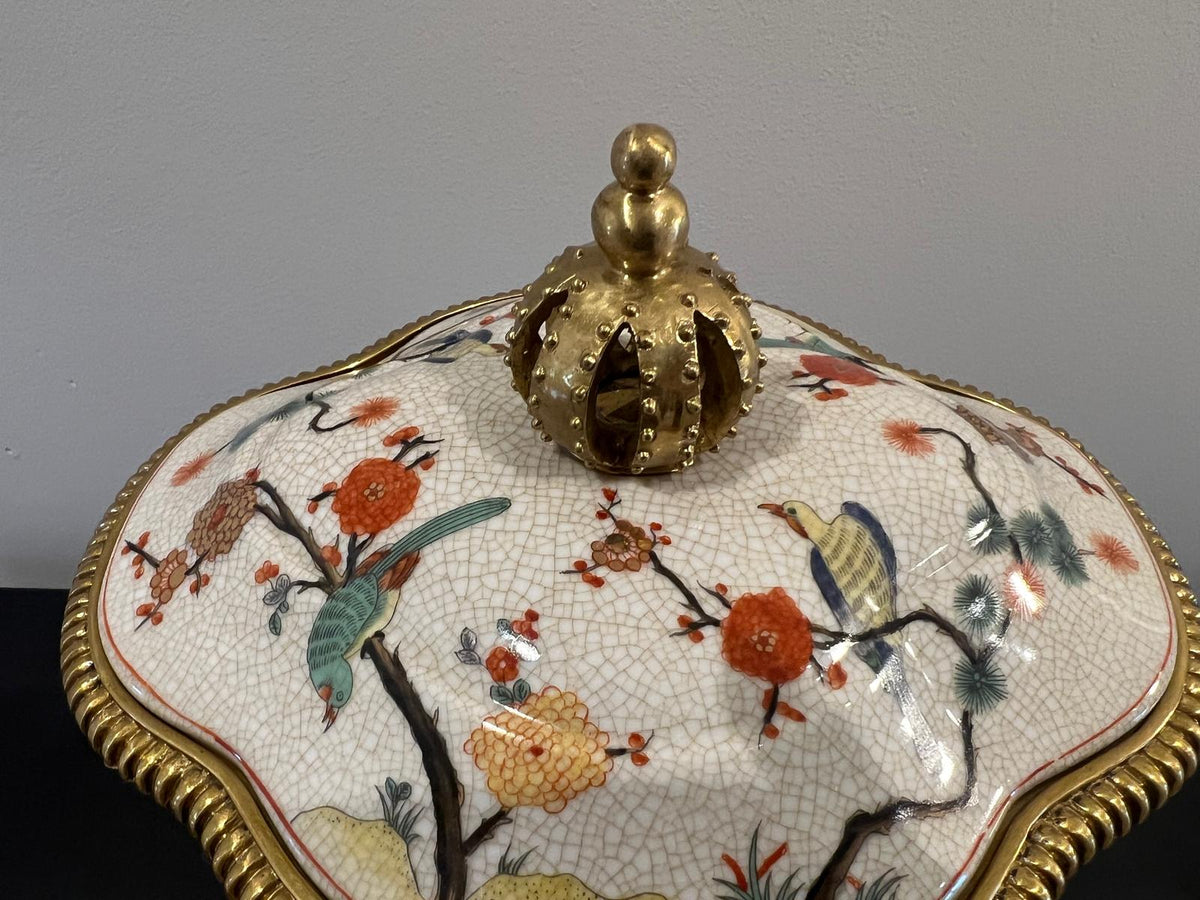 Art Deco Porcelain Jar with Gold Base & Hand‑Painted Birds