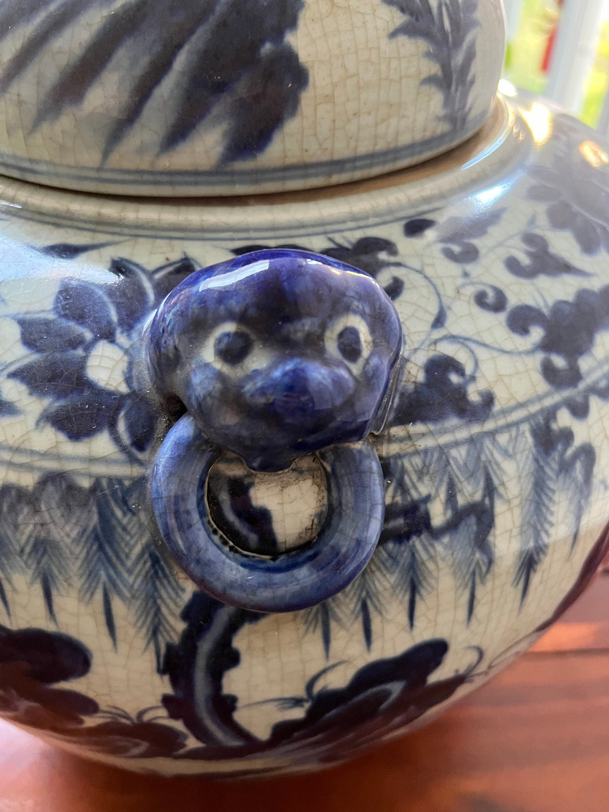 Blue White Porcelain Ginger Jar – Crackle Glaze Foo Dog Finial Asian Decor