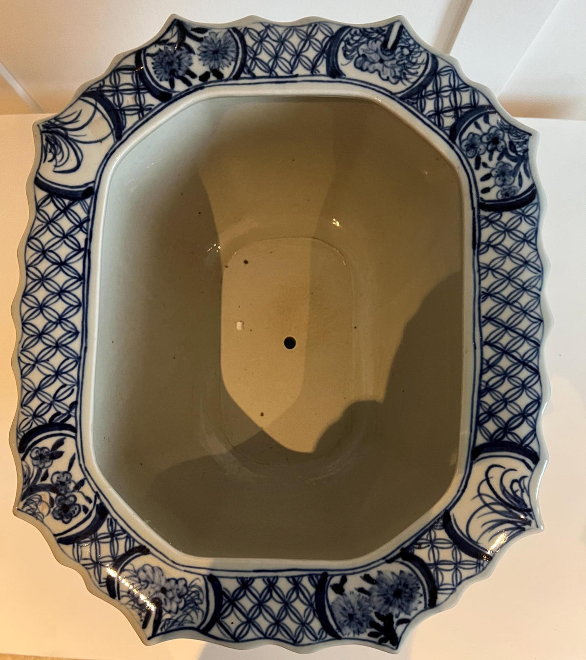 Blue & White Ceramic Planter: Aged Chinese Artwork, Glazed Finish