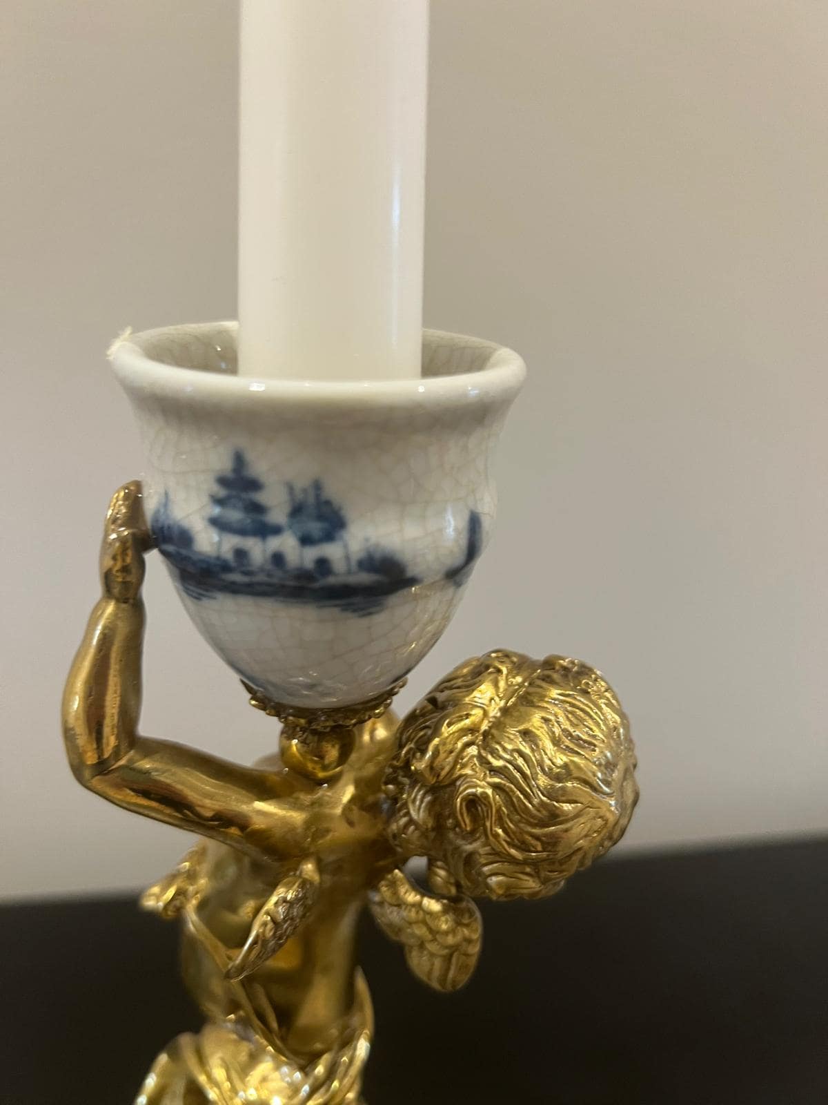 Pair of Cherub Candle Holders with Blue & White Porcelain Urns – Ornate Gilt Candelabras