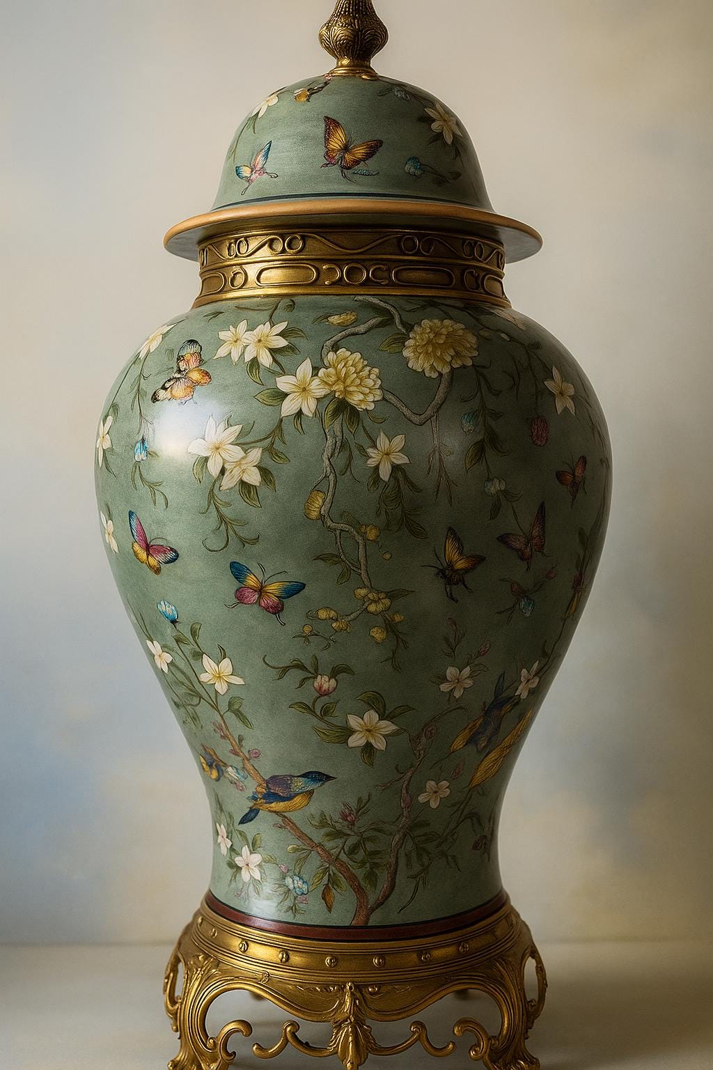 Green Porcelain Ginger Jar with Butterflies & Flowers – Gilded Decorative 67cm H