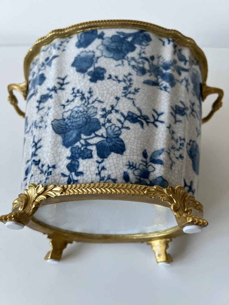 Blue and White Porcelain Cachepot with Gilt Handles and Feet – Decorative Planter