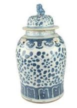 Vintage Chinese Blue and White Ginger Jar – Floral & Geometric Porcelain with Sculpted Lid Knob