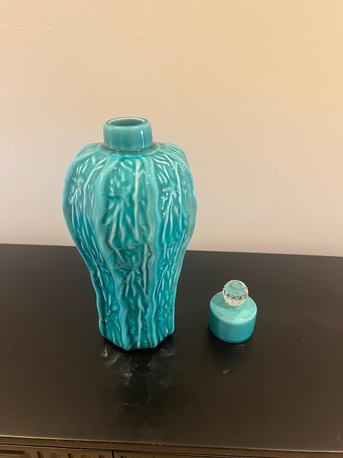 Turquoise Ceramic Lidded Jar with Crystal Finial – Decorative Home Accent