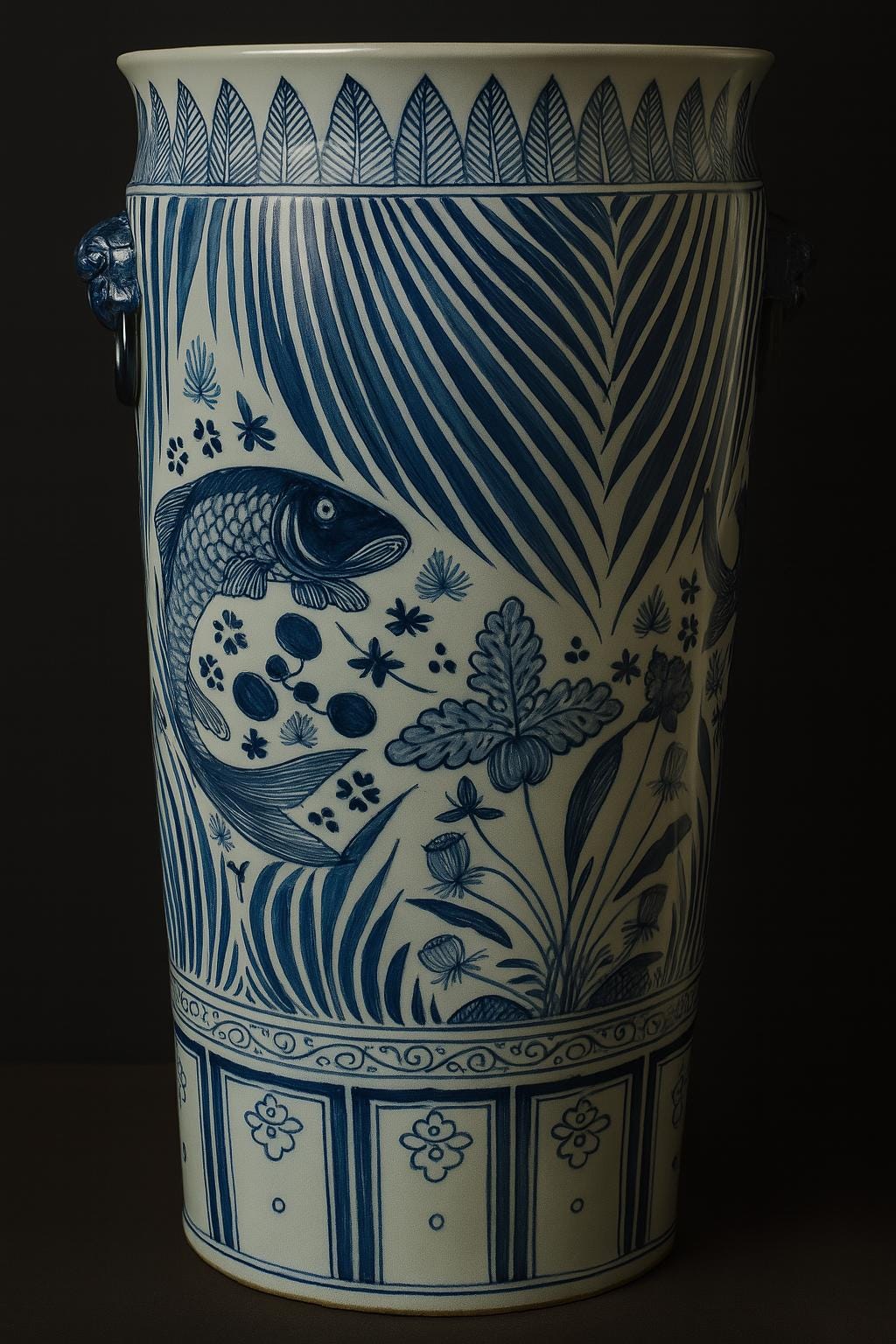 Vintage Style Blue & White Porcelain Umbrella Stand – Fish Motif