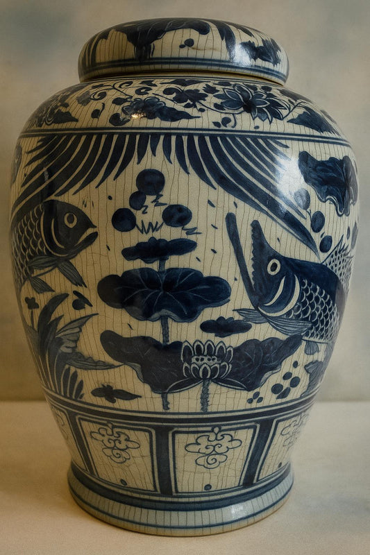 Blue and White Crackle Glaze Porcelain Ginger Jar – Hand‑Painted Fish Motif  18"