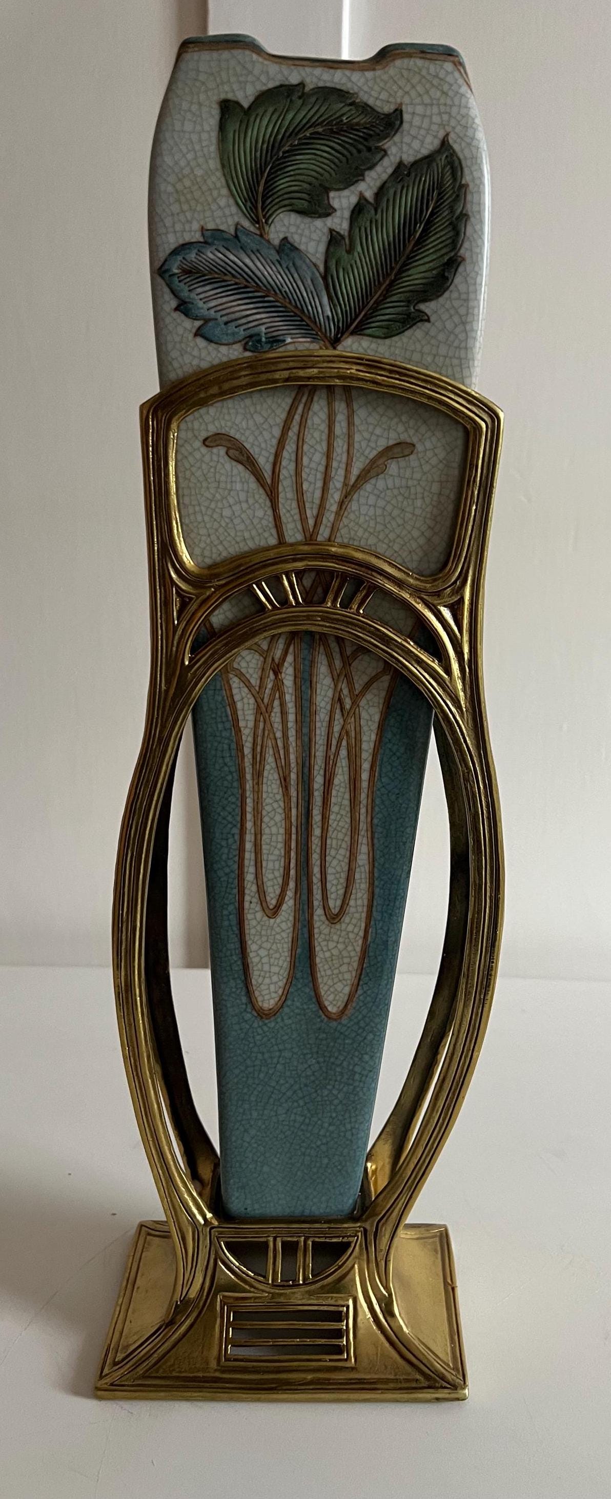 Art Nouveau Porcelain Vase with Gold Frame & Floral Design