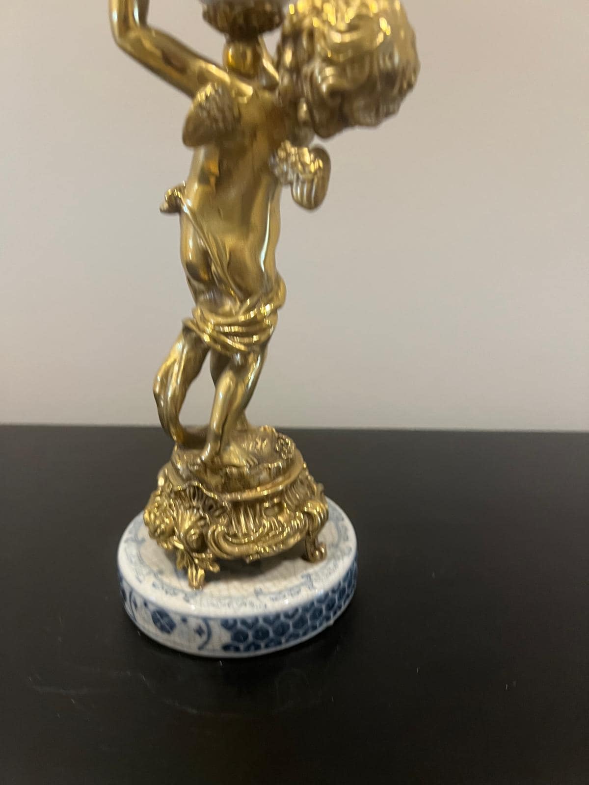Pair of Cherub Candle Holders with Blue & White Porcelain Urns – Ornate Gilt Candelabras