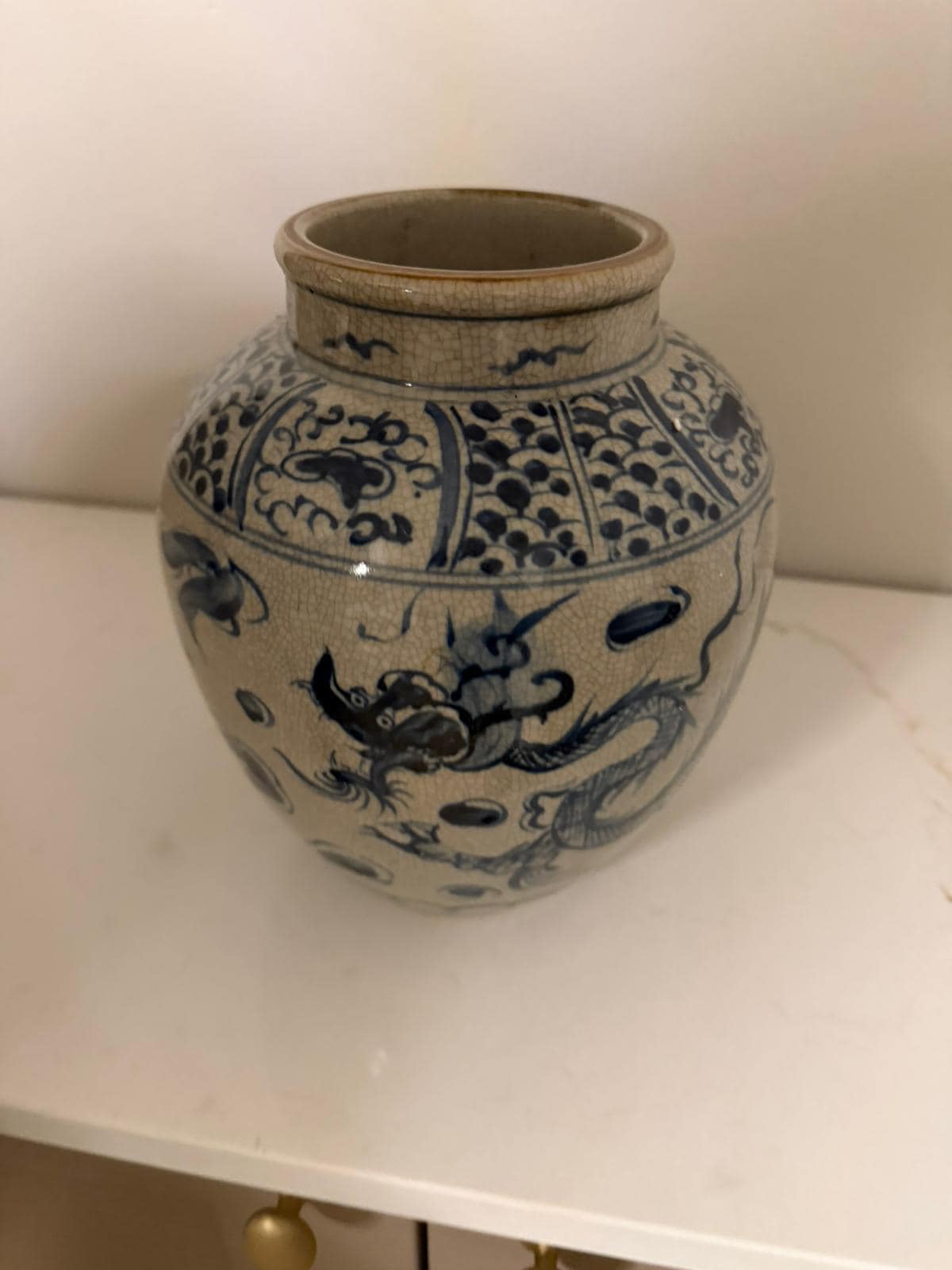 Vintage Style Chinese Porcelain Vase – Blue Dragon Motif, Beige Ceramic