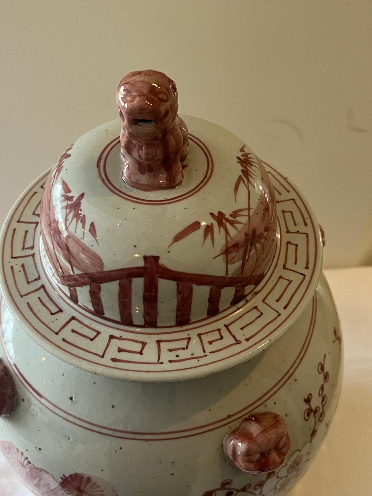 Vintage Style Red & White Chinese Ginger Jar – Guardian Lion Lid