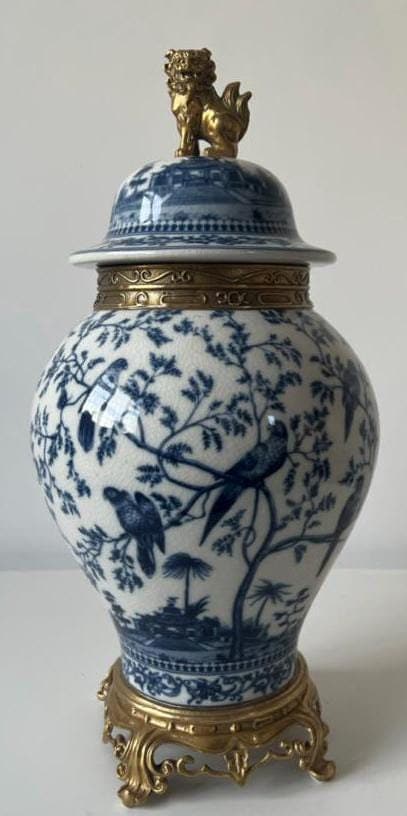 Blue and White Ginger Jar: Bronze Foo Dog Lid, Parrot Motif
