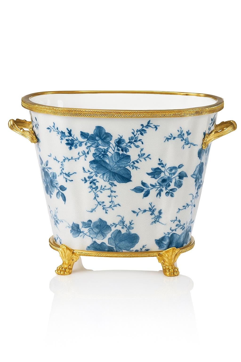 Blue and White Porcelain Cachepot with Gilt Handles and Feet – Decorative Planter