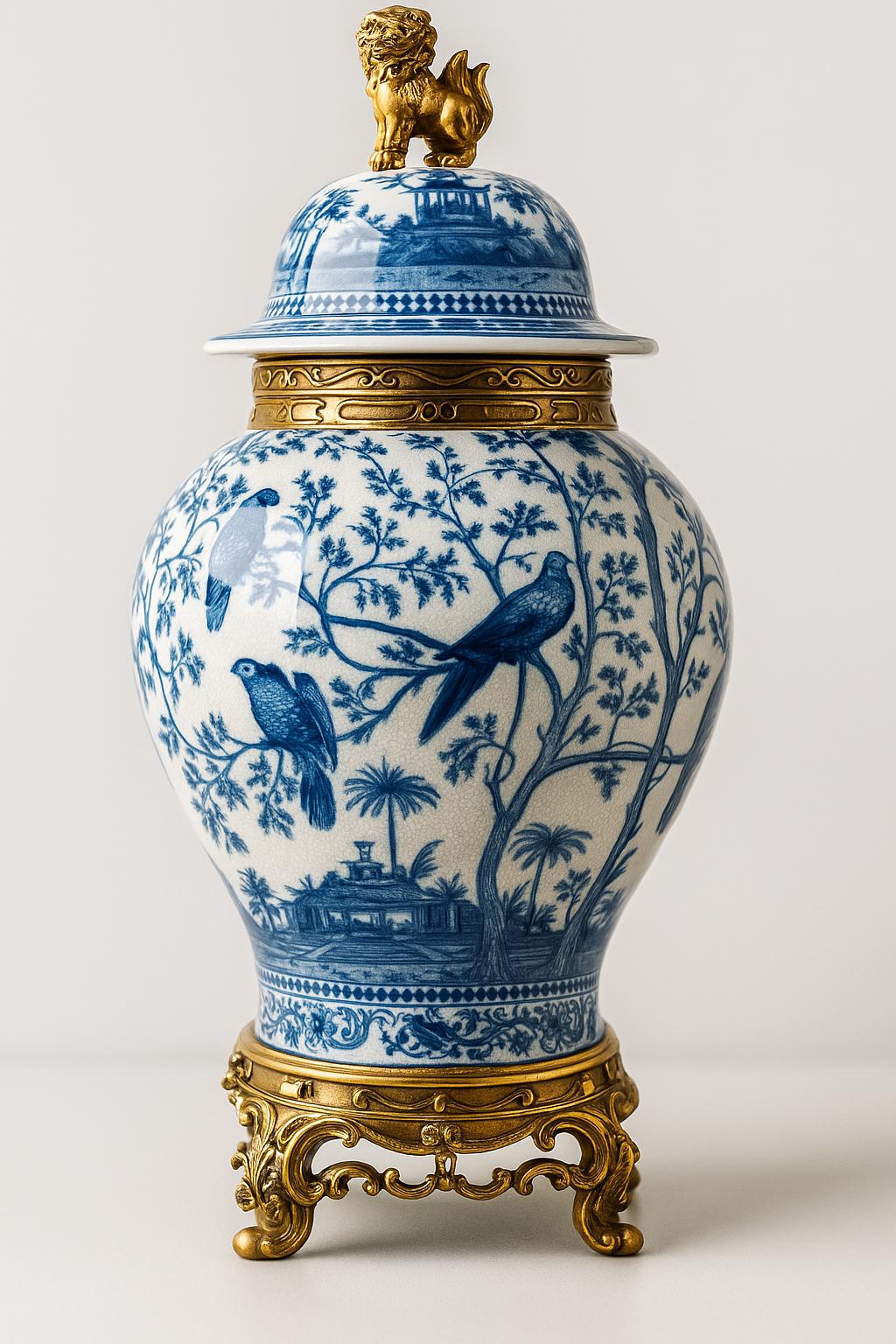 Blue and White Ginger Jar: Bronze Foo Dog Lid, Parrot Motif