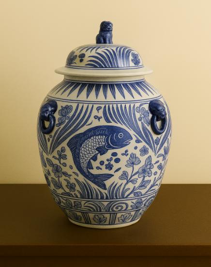 Vintage Chinese Blue and White Porcelain Ginger Jar - Fish Motif