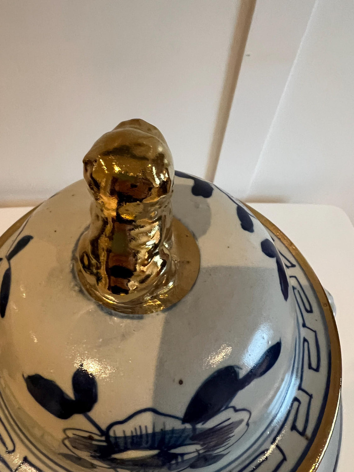 Blue and White Porcelain Ginger Jar with Bird & Floral Motif – Gilt Lidded Decor 19"
