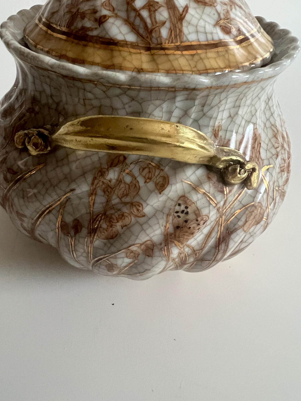 Crackle Glaze Porcelain Lidded Jar with Gilt Handles – Floral & Butterfly Decor