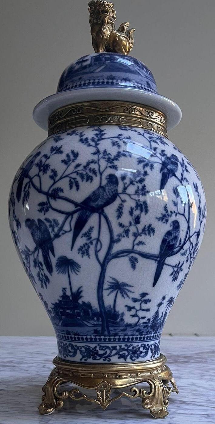 Blue and White Ginger Jar: Bronze Foo Dog Lid, Parrot Motif