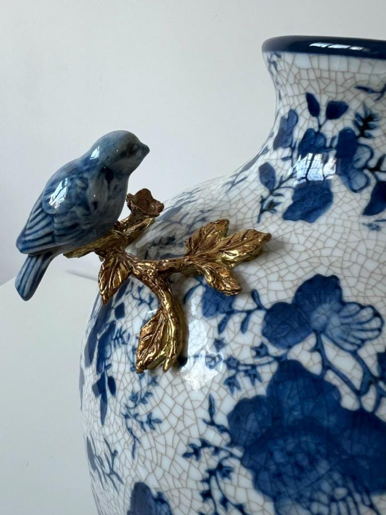 Blue and White Crackle Glaze Porcelain Vase with Bird Detail – Gilt Metal Base