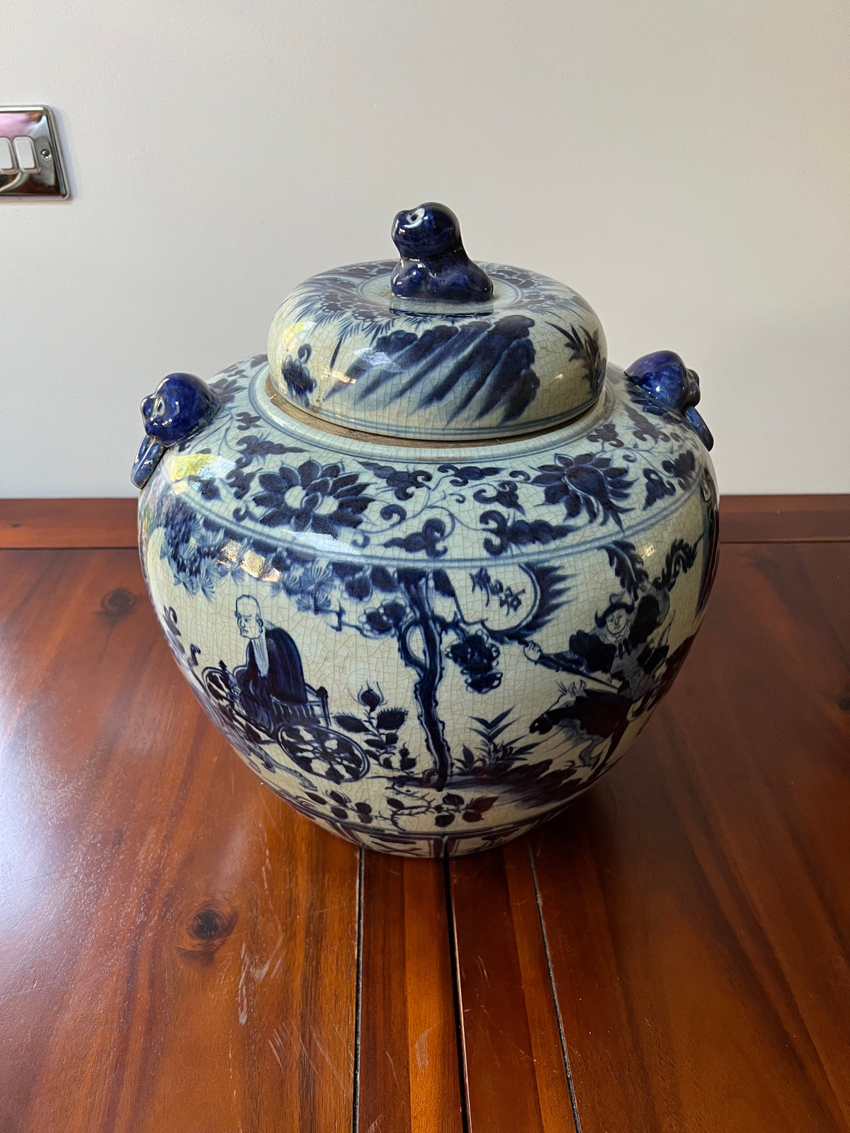 Blue White Porcelain Ginger Jar – Crackle Glaze Foo Dog Finial Asian Decor