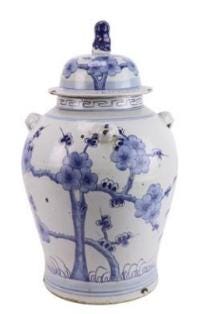 Blue and White Porcelain Ginger Jar – Floral Motif with Handles & Lid