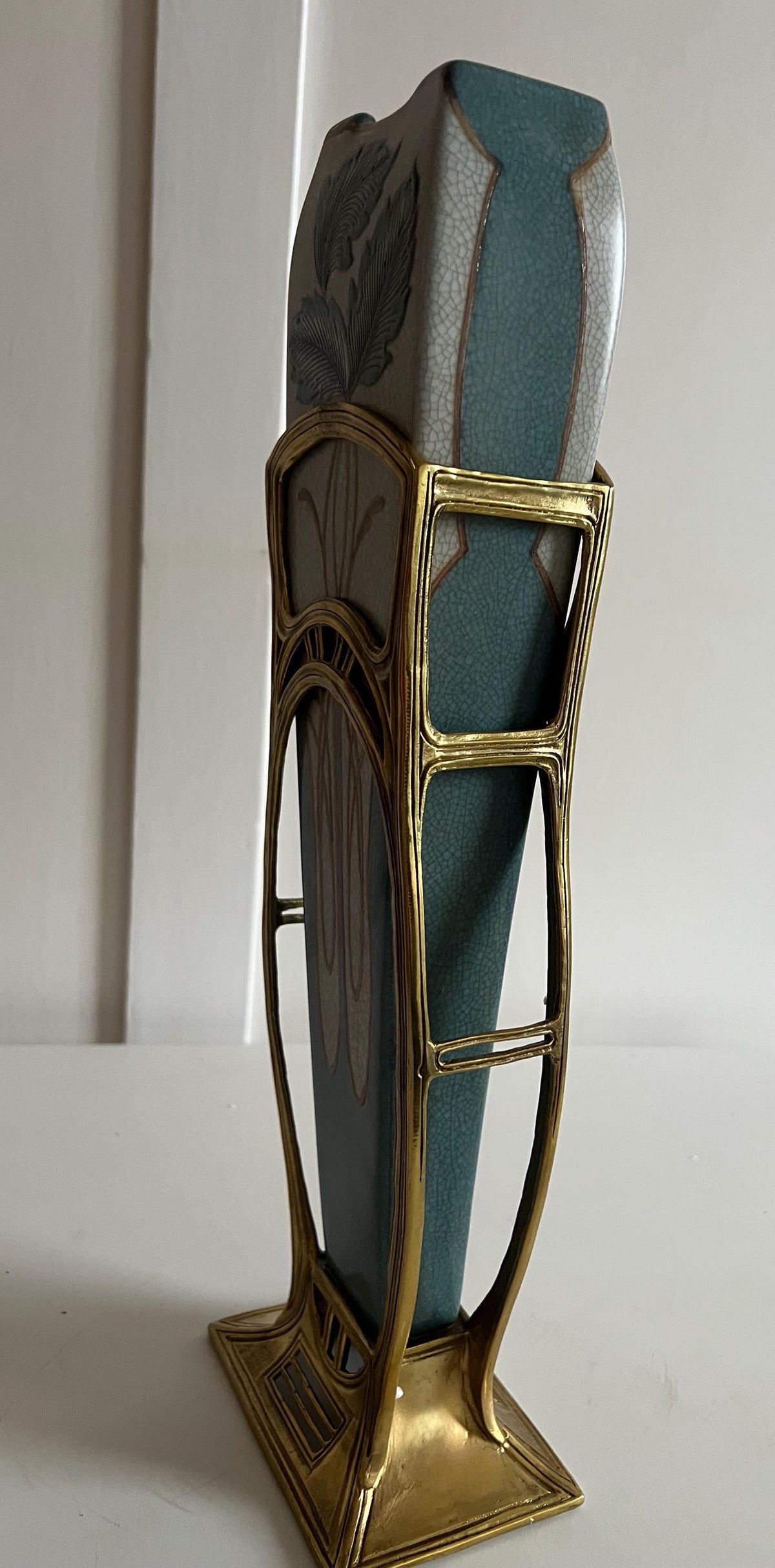 Art Nouveau Porcelain Vase with Gold Frame & Floral Design