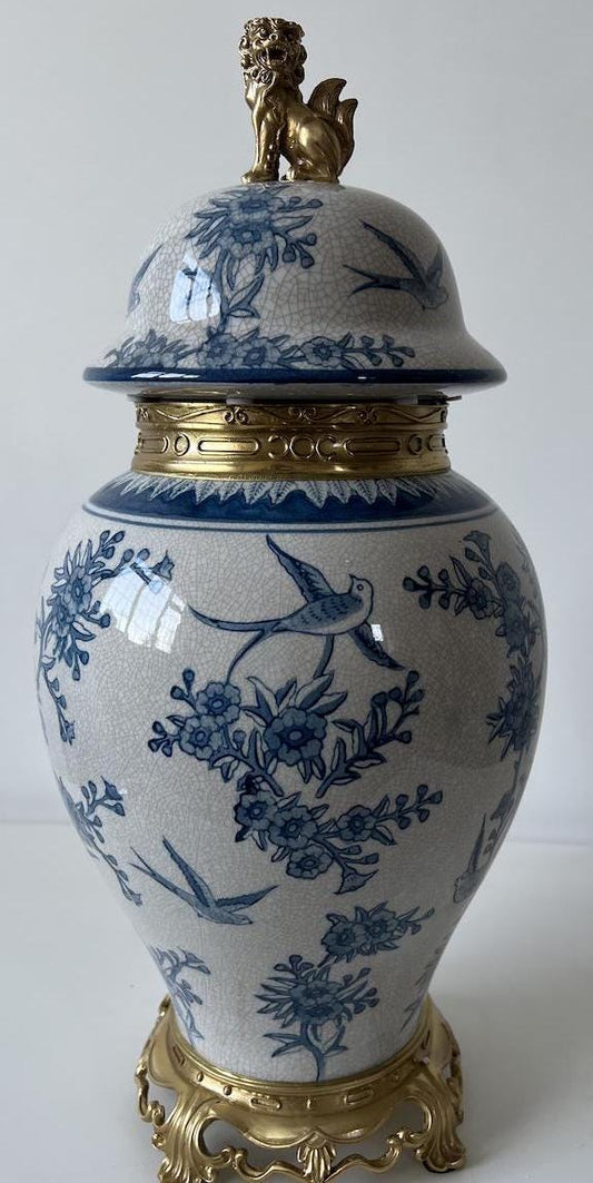 Blue and White Ginger Jar: Floral Bird Motif, Brass Foo Dog Lid