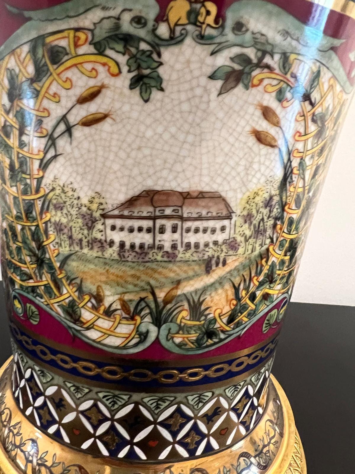 Art Deco Porcelain Vase with Gold Base & Estate Scene
