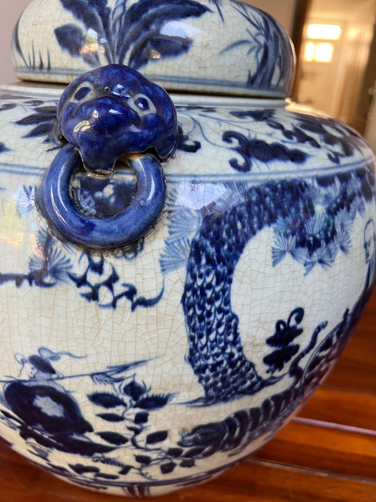 Blue White Porcelain Ginger Jar – Crackle Glaze Foo Dog Finial Asian Decor
