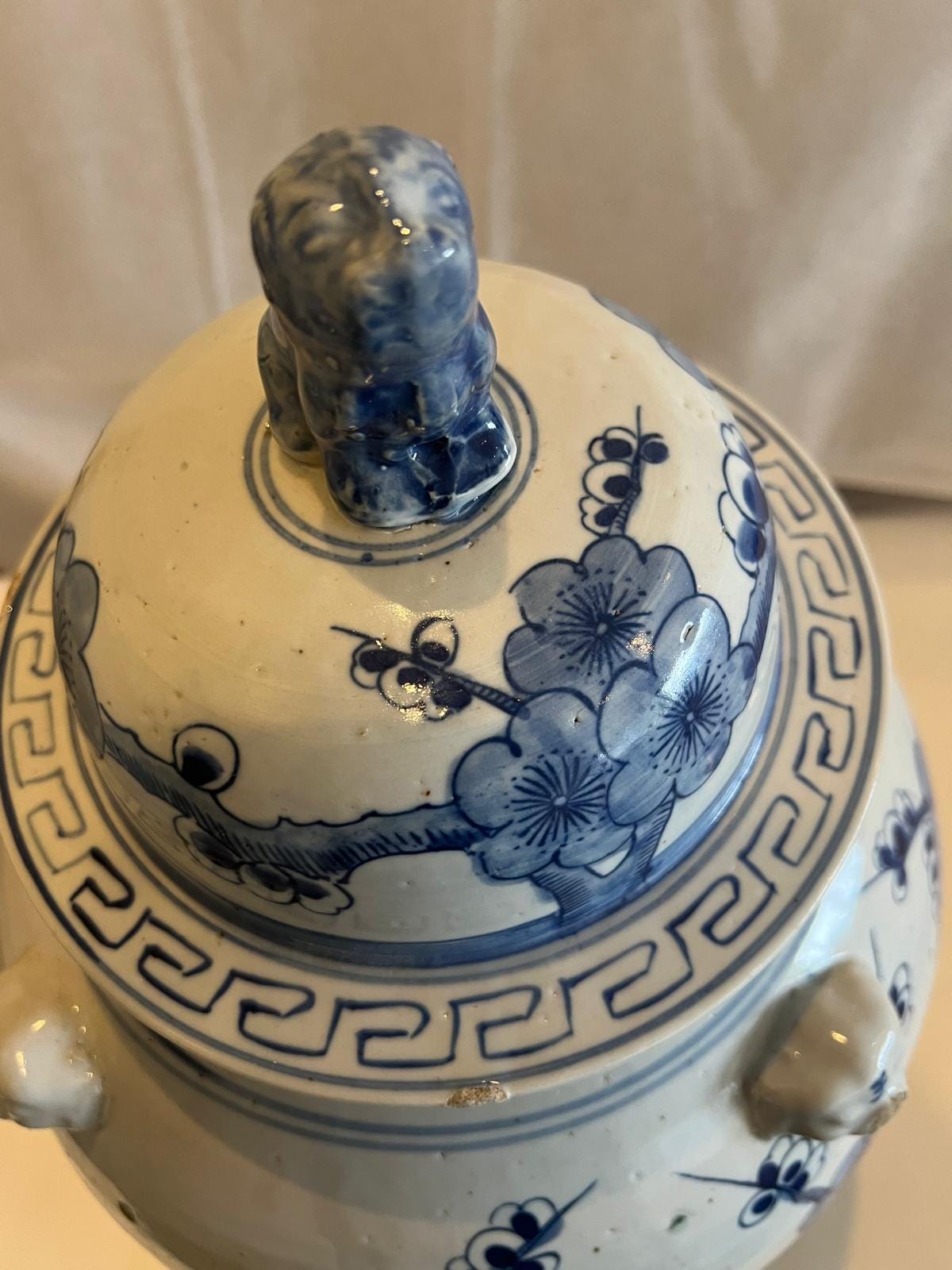 Blue and White Porcelain Ginger Jar – Floral Motif with Handles & Lid